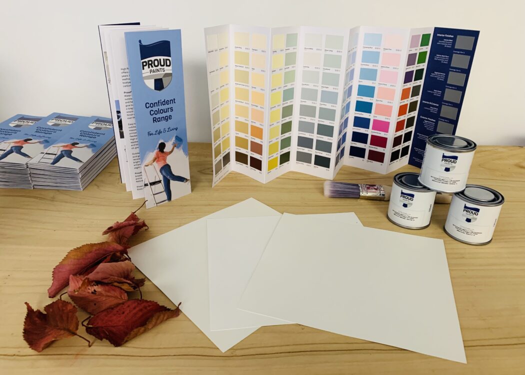 Paint colour tester pots and colour cards.