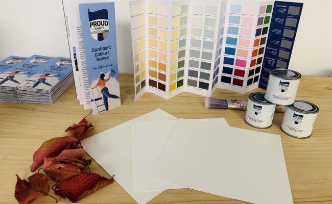 Paint colour tester pots and colour cards.